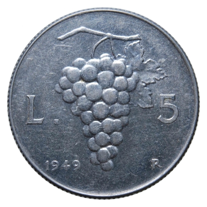 5 lire 1949 Uva - Roma - Repubblica Italiana - BB - immagine 2