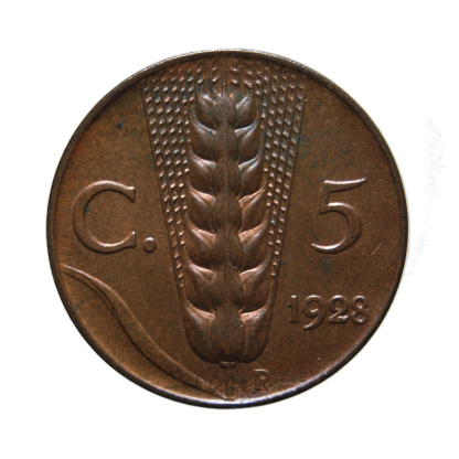 5 centesimi 1928 Spiga - Roma - Vittorio Emanuele III - Regno d'Italia - qFDC - immagine 2